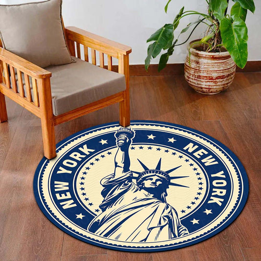 Statue of Liberty New York Round Flat Rug | Vintage NYC Landmark Floor Mat | Anti-Slip 3 mm Absorbent Circle Flat Rug for Living Room, Bedroom & Travel Lovers