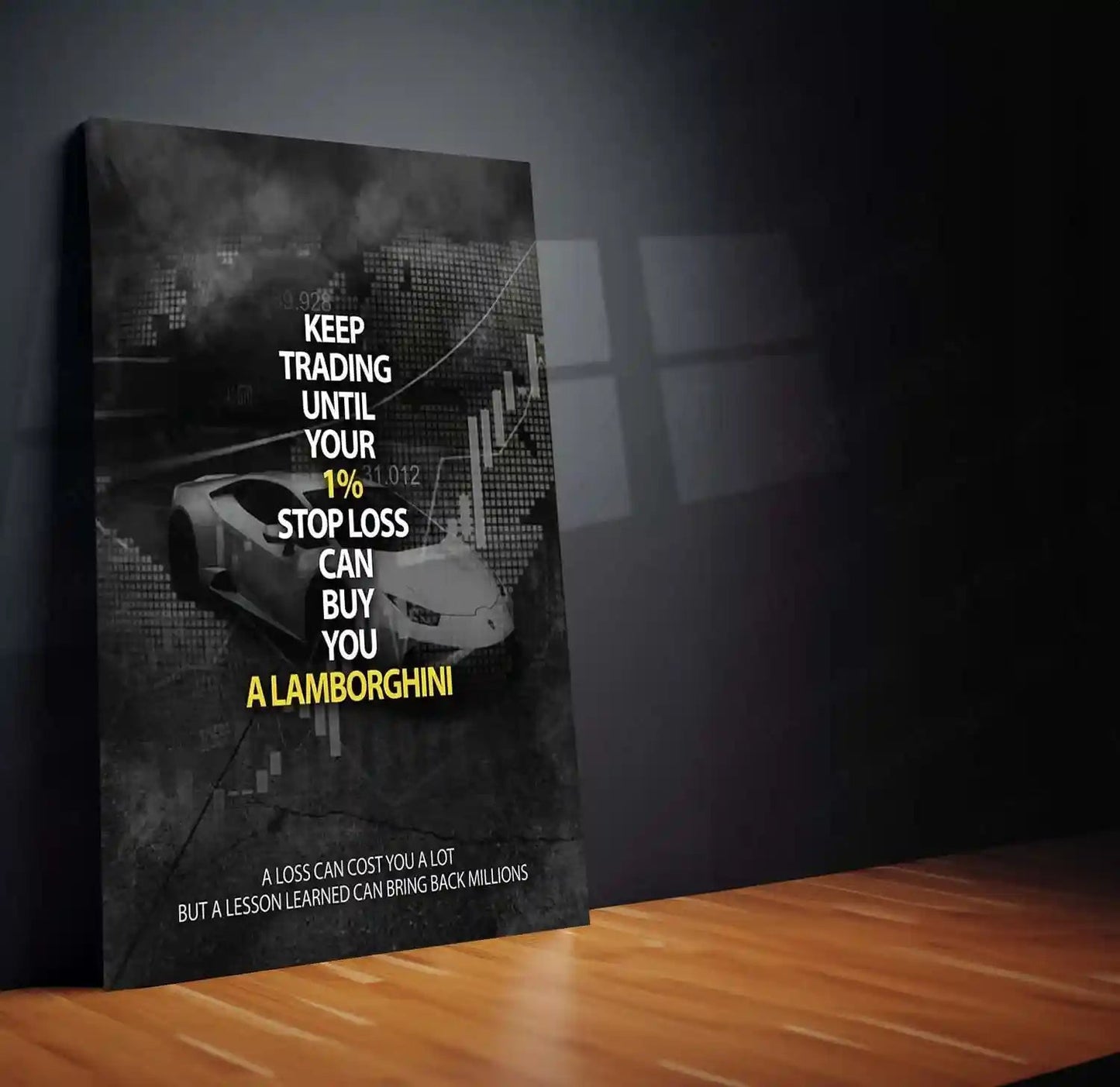 Stock Market Metal Poster | Keep Trading Until Your 1% Stop Loss Buys a Lamborghini | Trader Motivation Wall Art Stock Market Mindset Metal Frame - TURTLEWINGS