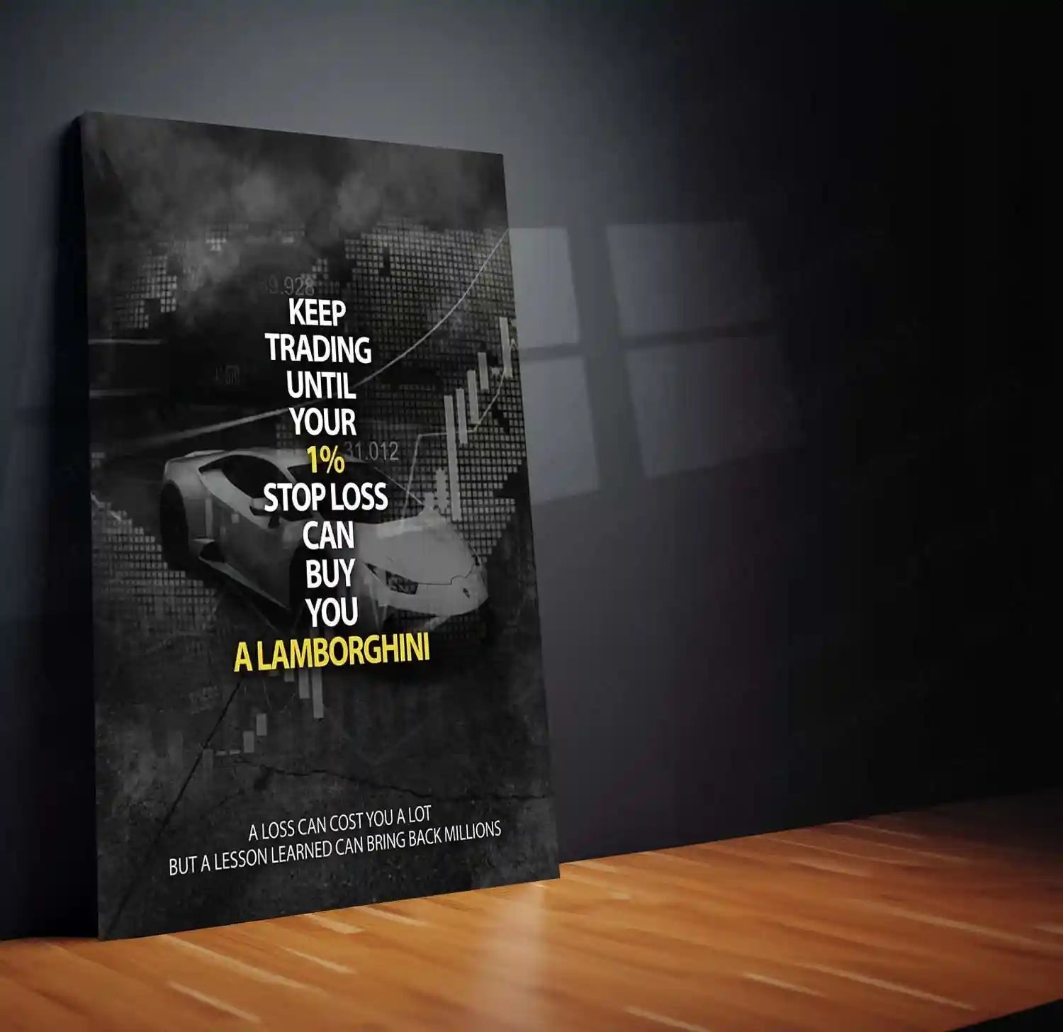 Stock Market Metal Poster | Keep Trading Until Your 1% Stop Loss Buys a Lamborghini | Trader Motivation Wall Art Stock Market Mindset Metal Frame - TURTLEWINGS
