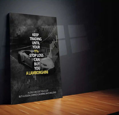 Stock Market Metal Poster | Keep Trading Until Your 1% Stop Loss Buys a Lamborghini | Trader Motivation Wall Art Stock Market Mindset Metal Frame - TURTLEWINGS