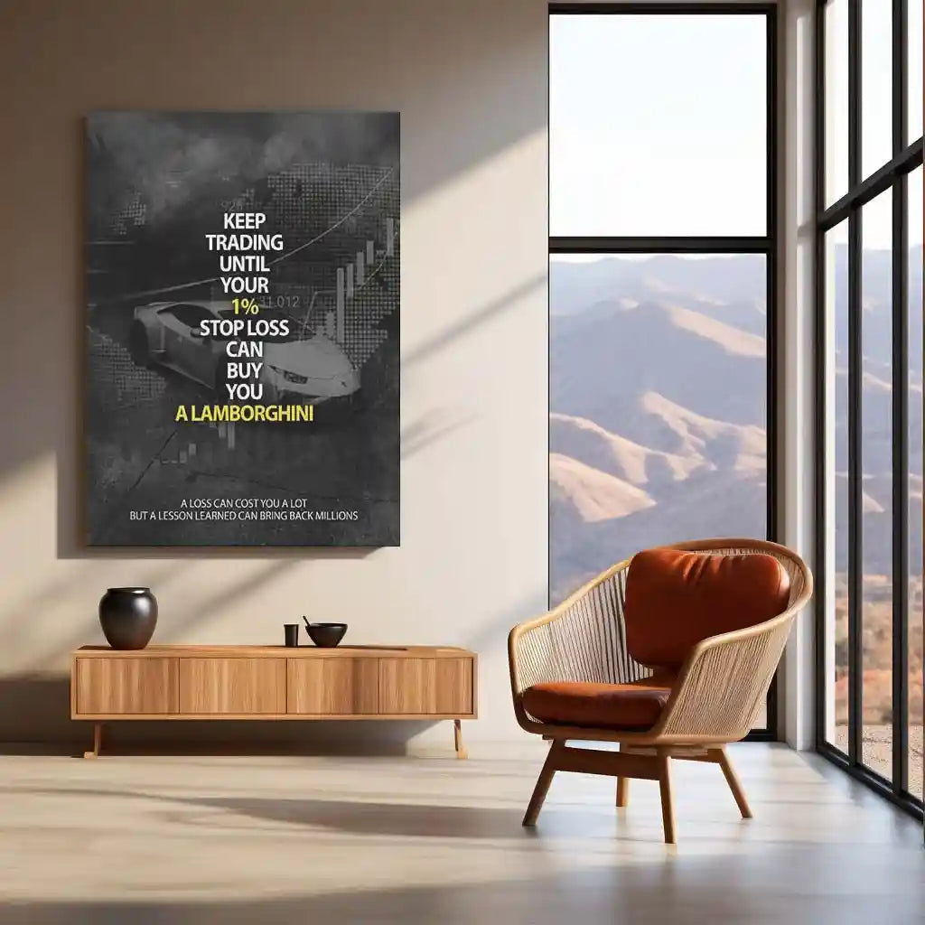 Stock Market Metal Poster | Keep Trading Until Your 1% Stop Loss Buys a Lamborghini | Trader Motivation Wall Art Stock Market Mindset Metal Frame - TURTLEWINGS