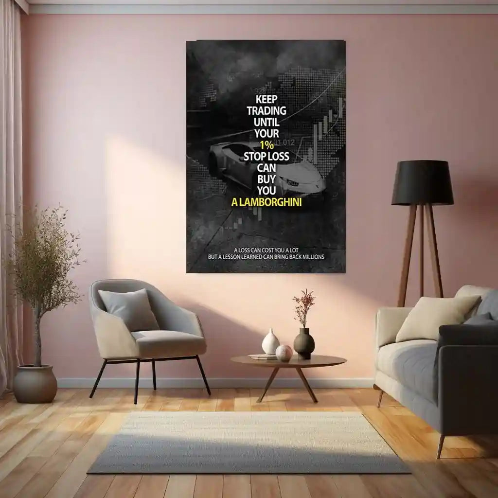 Stock Market Metal Poster | Keep Trading Until Your 1% Stop Loss Buys a Lamborghini | Trader Motivation Wall Art Stock Market Mindset Metal Frame - TURTLEWINGS
