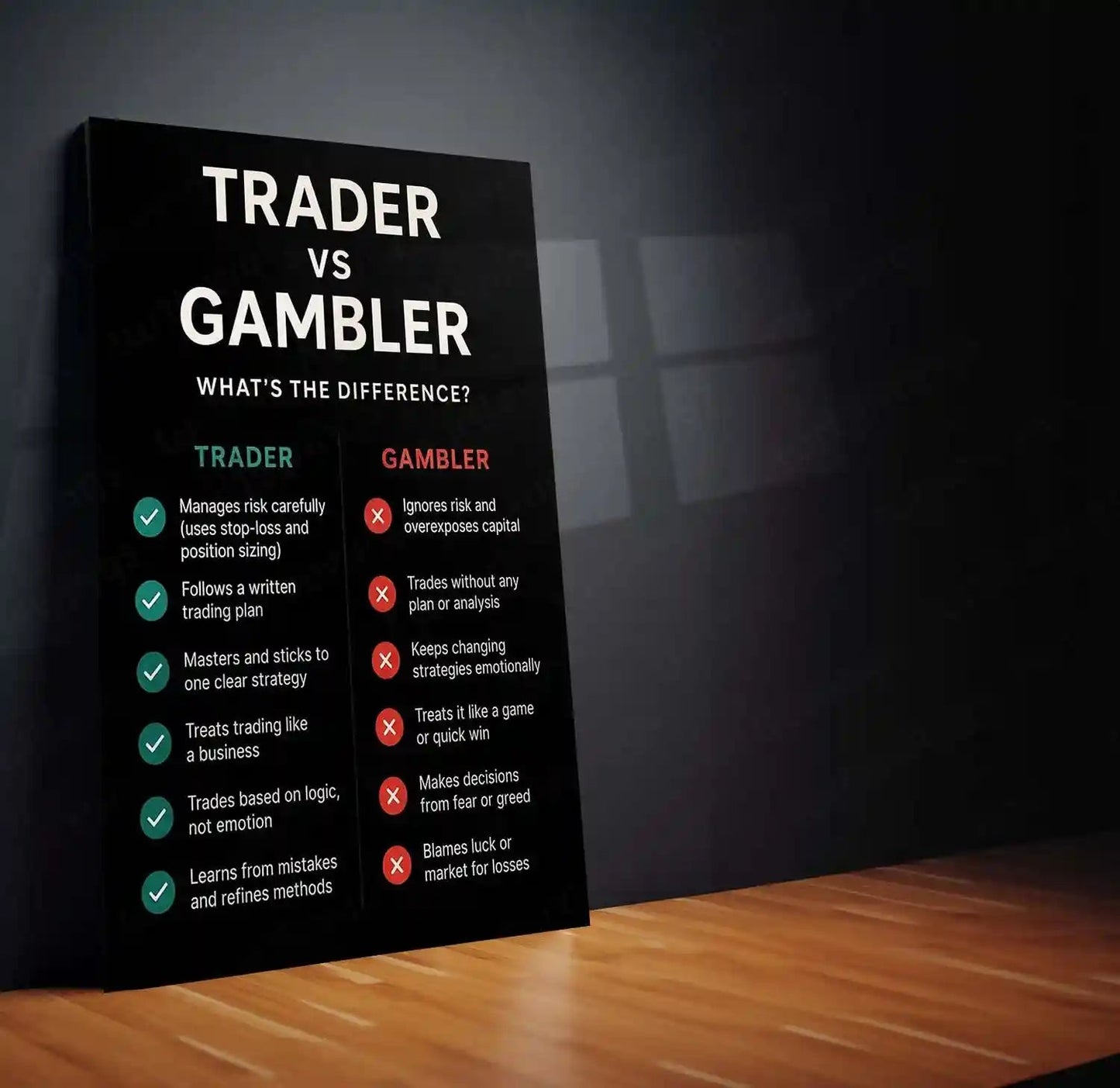 Stock Market Metal Poster | Trader vs Gambler | Trading Discipline Motivation Wall Art | Professional Trading Mindset Metal Frame - TURTLEWINGS