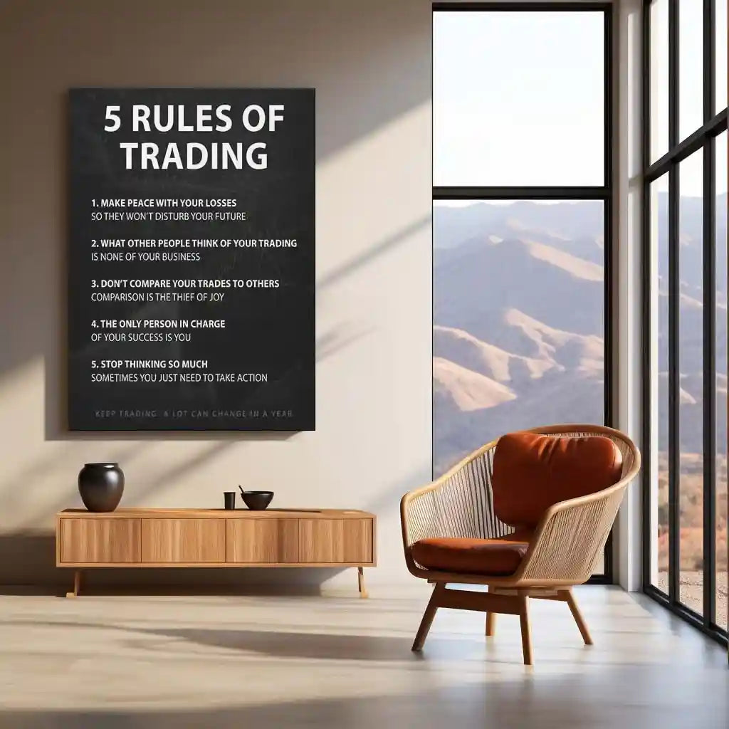Stock Market Metal Poster | 5 Rules of Trading | Trader Psychology Motivation Wall Art | Stock Market Discipline Metal Frame - TURTLEWINGS