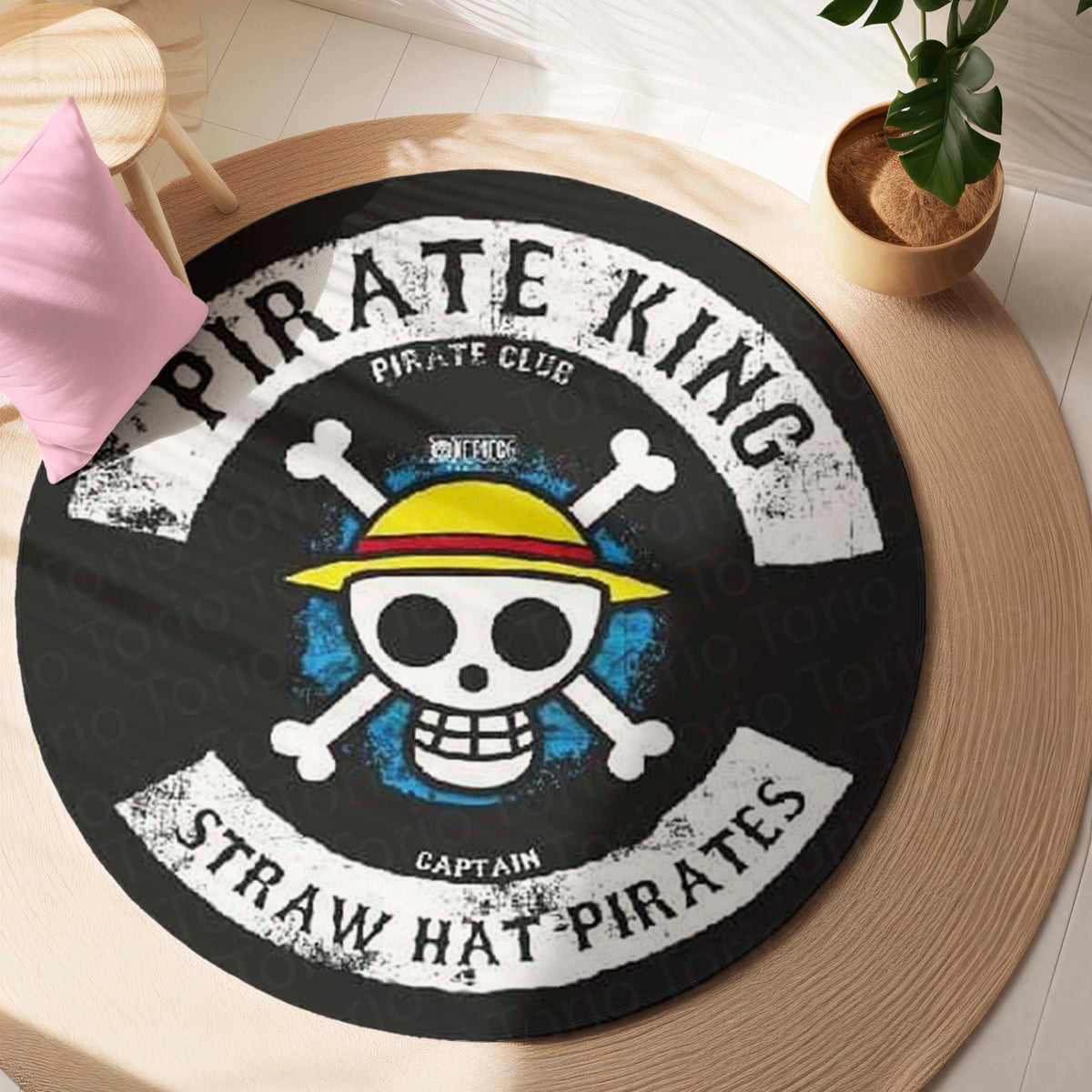 One Piece Straw Hat Pirates Round Flat Rug | Pirate King Skull Floor Mat | Anti-Slip 3 mm Absorbent Circle Flat Rug for Bedroom, Gaming Room & Anime Fans