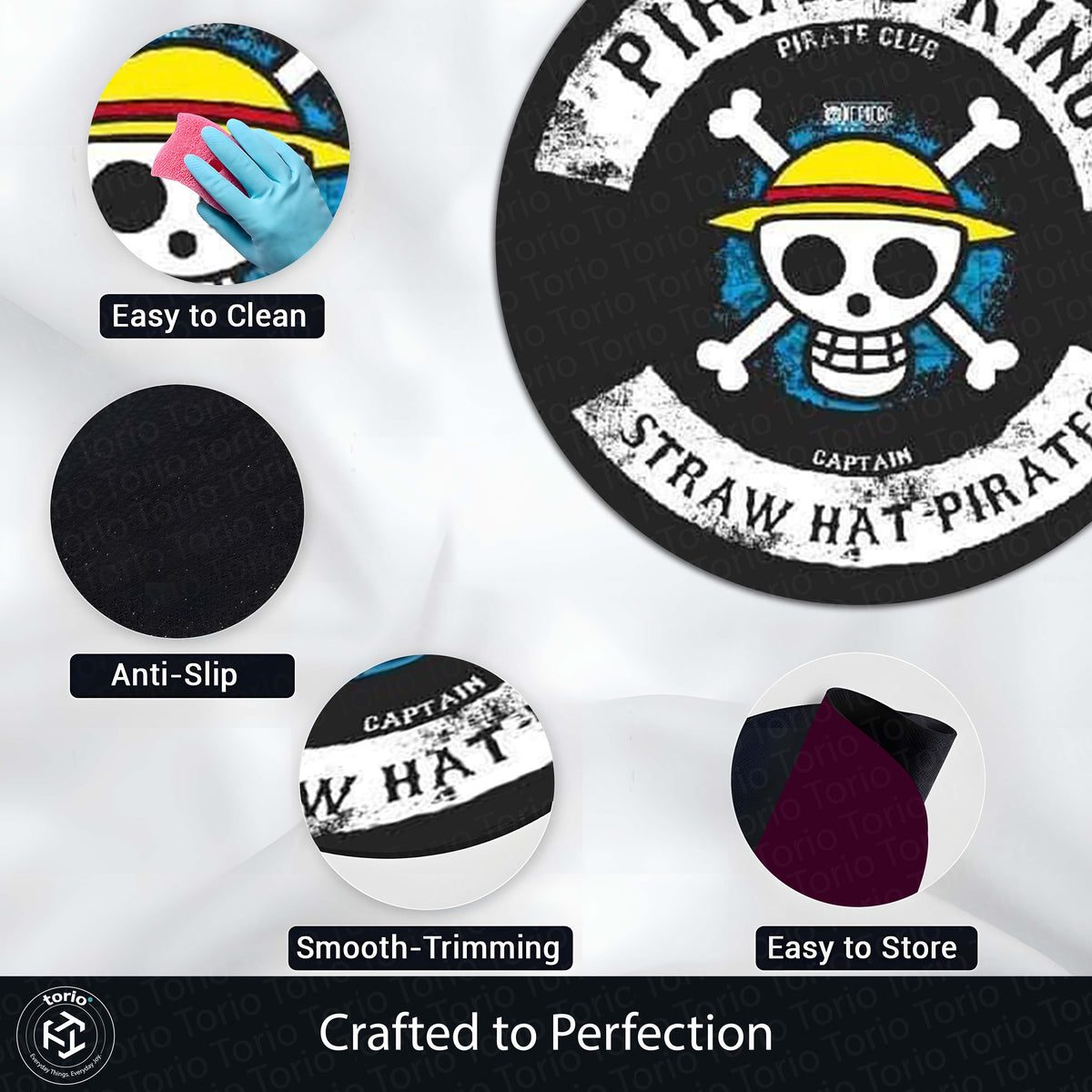 One Piece Straw Hat Pirates Round Flat Rug | Pirate King Skull Floor Mat | Anti-Slip 3 mm Absorbent Circle Flat Rug for Bedroom, Gaming Room & Anime Fans