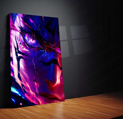 Anime Metal Poster | Solo Leveling Metal Poster | Sung Jin-Woo Neon Shadow Monarch Wall Art | Epic Anime Warrior Metal Frame