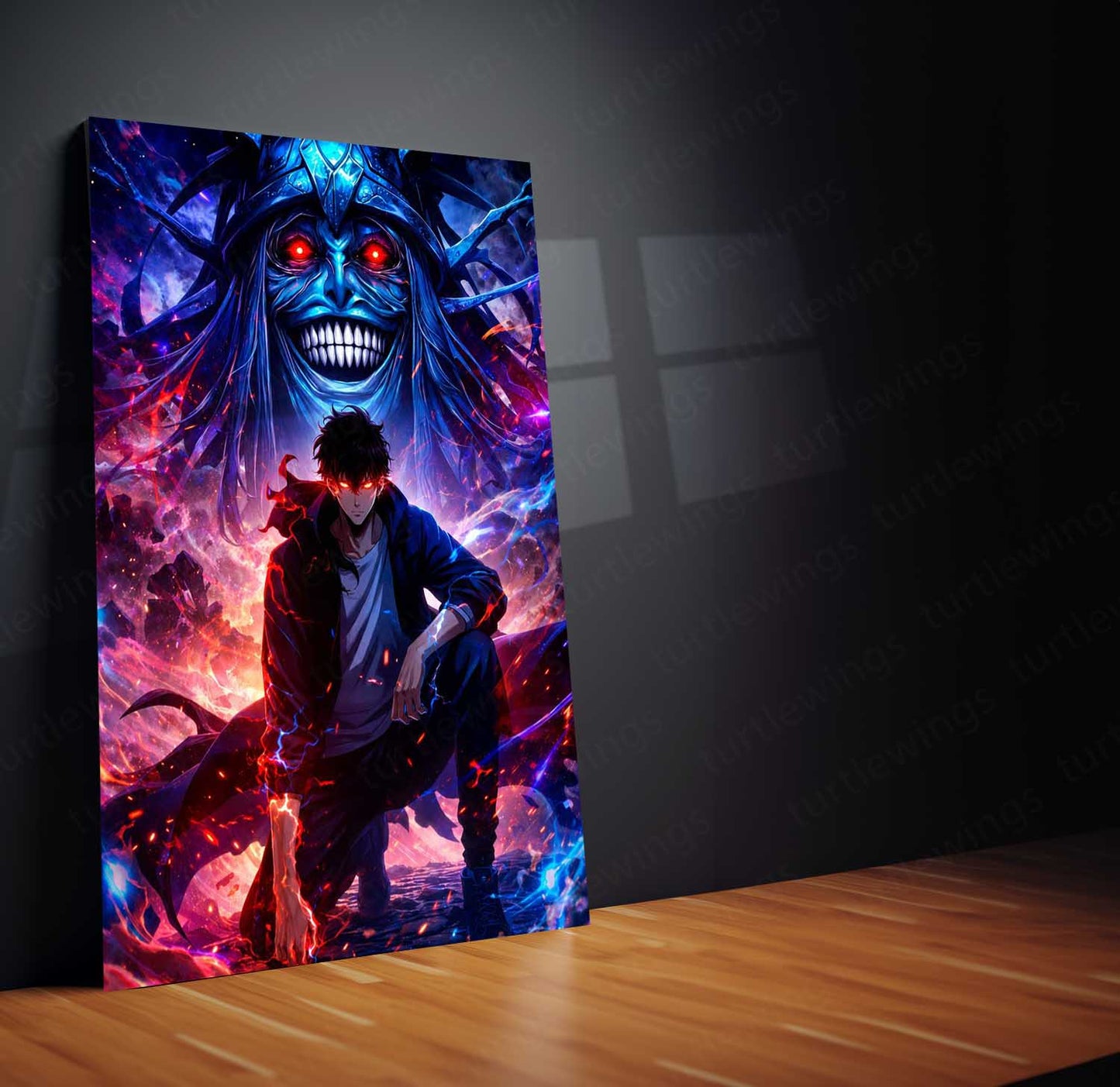 Anime Metal Poster | Solo Leveling Metal Poster | Sung Jin-Woo & Shadow Monarch Wall Art | Epic Fantasy Anime Metal Frame