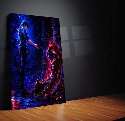 Anime Metal Poster | Solo Leveling Metal Poster | Sung Jin-Woo & Igris Shadow Monarch Wall Art | Epic Dungeon Anime Metal Frame