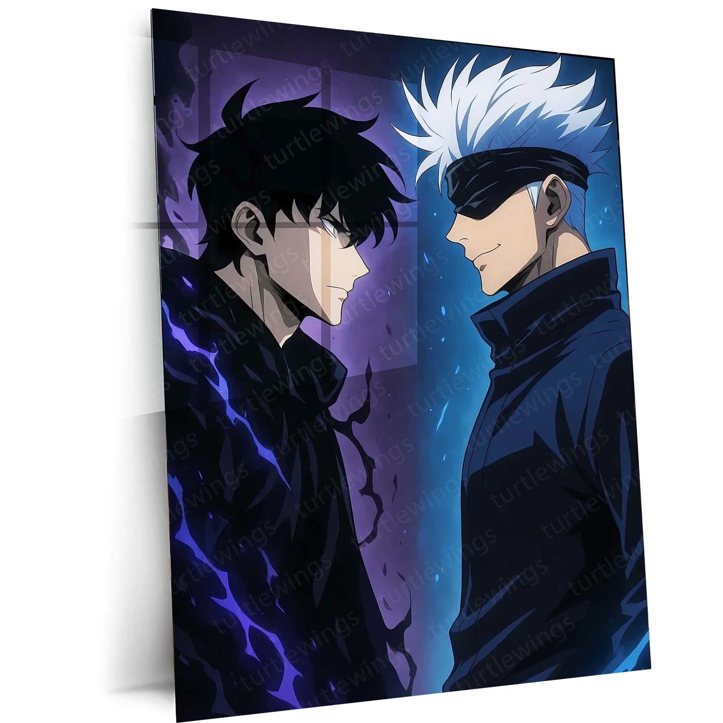 Anime Metal Poster | Sung Jin-Woo × Satoru Gojo Metal Poster | Shadow Monarch & Sorcerer Supreme Anime Wall Frame