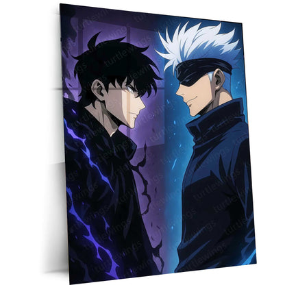 Anime Metal Poster | Sung Jin-Woo × Satoru Gojo Metal Poster | Shadow Monarch & Sorcerer Supreme Anime Wall Frame