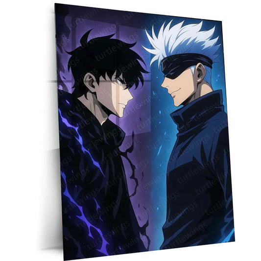 Anime Metal Poster | Sung Jin-Woo × Satoru Gojo Metal Poster | Shadow Monarch & Sorcerer Supreme Anime Wall Frame