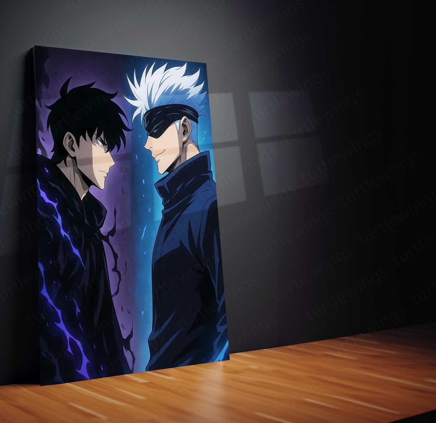 Anime Metal Poster | Sung Jin-Woo × Satoru Gojo Metal Poster | Shadow Monarch & Sorcerer Supreme Anime Wall Frame