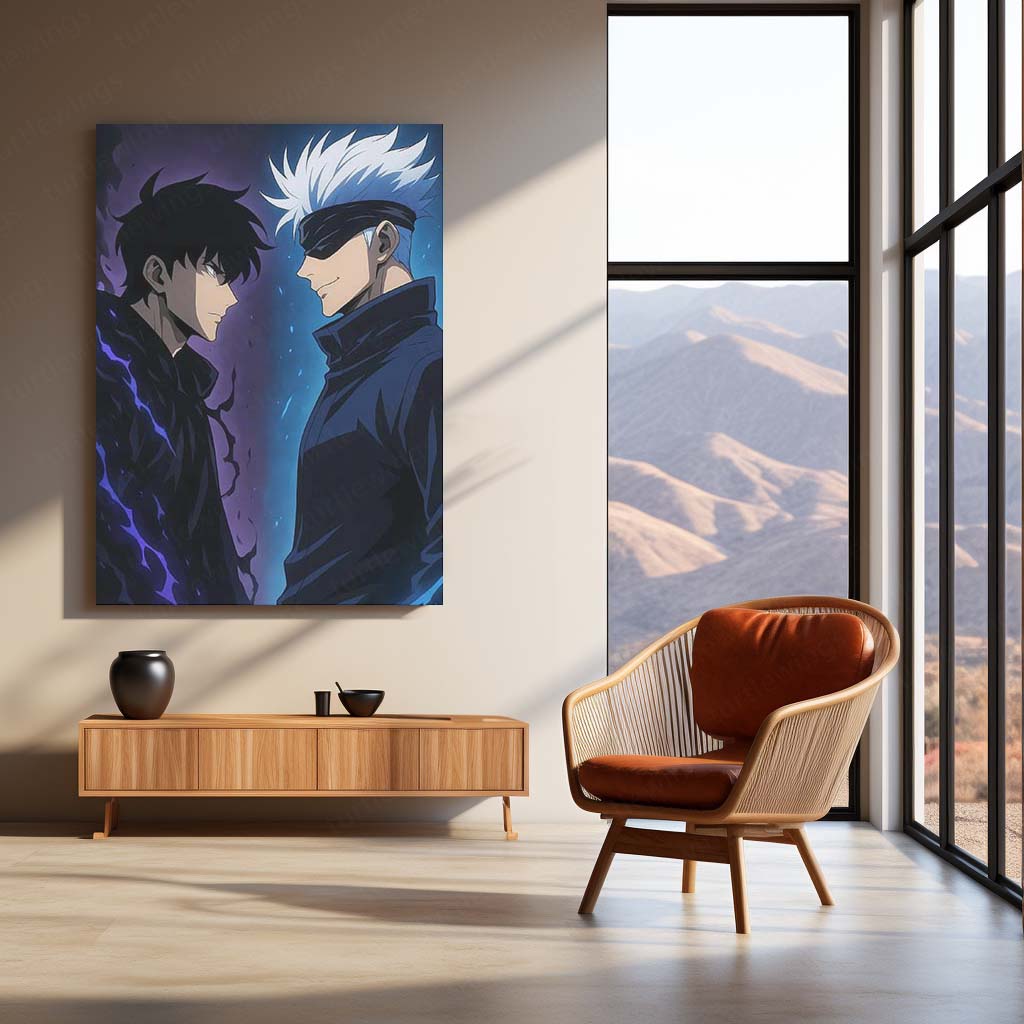 Anime Metal Poster | Sung Jin-Woo × Satoru Gojo Metal Poster | Shadow Monarch & Sorcerer Supreme Anime Wall Frame
