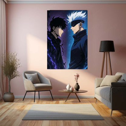 Anime Metal Poster | Sung Jin-Woo × Satoru Gojo Metal Poster | Shadow Monarch & Sorcerer Supreme Anime Wall Frame