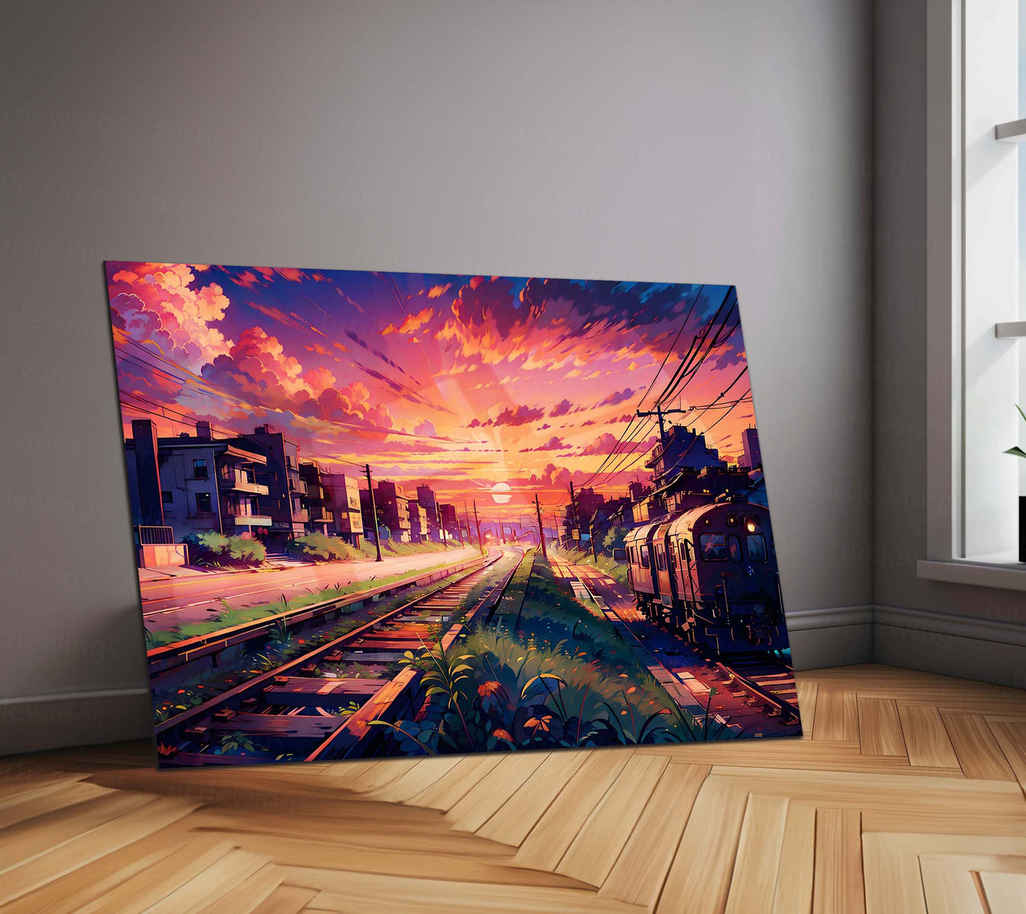 Sunset Train Tracks Metal Poster | Aesthetic Cityscape Wall Art | Metal Poster