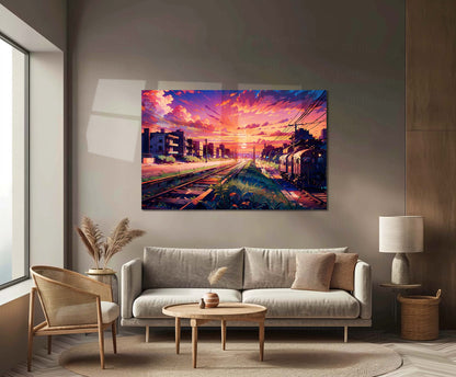 Sunset Train Tracks Metal Poster | Aesthetic Cityscape Wall Art | Metal Poster