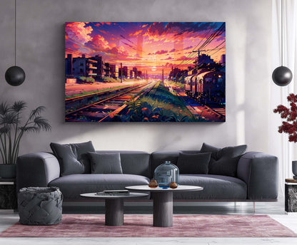 Sunset Train Tracks Metal Poster | Aesthetic Cityscape Wall Art | Metal Poster