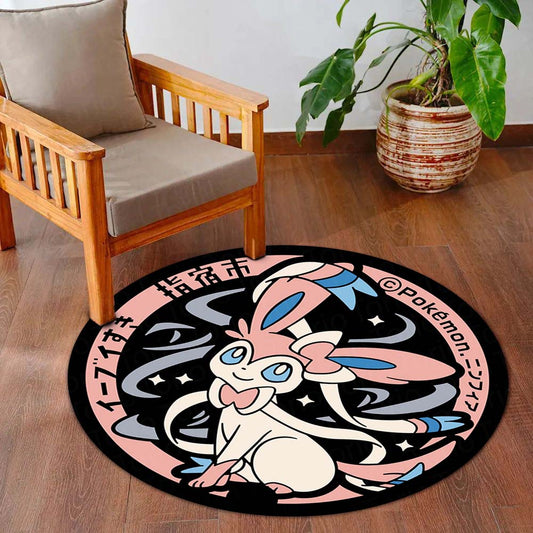 Pokémon Sylveon Round Flat Rug | Cute Fairy Pokémon Floor Mat | Anti-Slip 3 mm Absorbent Circle Flat Rug for Bedroom, Gaming Room & Anime Fans
