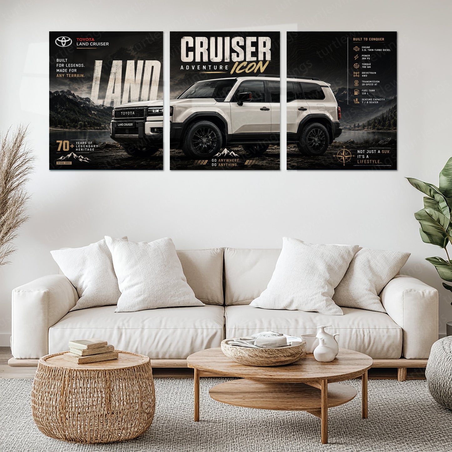 Car Metal Poster Set of 3 | Toyota Land Cruiser Adventure Icon Triptych Wall Art