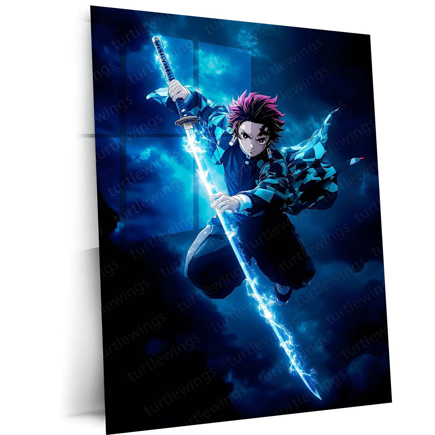 Anime Metal Poster | Demon Slayer Metal Poster | Tanjiro Kamado Water Breathing Wall Art | Epic Anime Swordsman Metal Frame