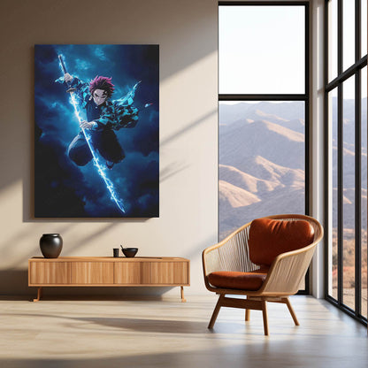Anime Metal Poster | Demon Slayer Metal Poster | Tanjiro Kamado Water Breathing Wall Art | Epic Anime Swordsman Metal Frame