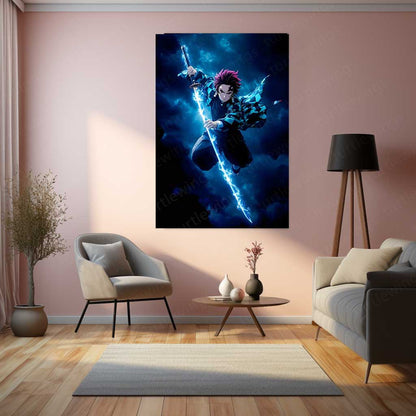 Anime Metal Poster | Demon Slayer Metal Poster | Tanjiro Kamado Water Breathing Wall Art | Epic Anime Swordsman Metal Frame