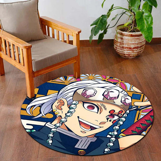 Demon Slayer Tengen Uzui Round Flat Rug | Sound Hashira Anime Floor Mat | Anti-Slip 3 mm Absorbent Circle Flat Rug for Bedroom, Gaming Room & Anime Fans