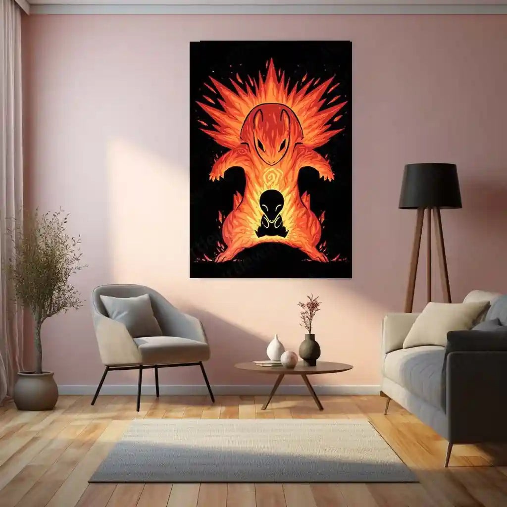 Anime Metal Poster | The Explosion Within | Pokemon Fire Evolution Energy Metal Frame Inner Flame, Power & Awakening Wall Art - TURTLEWINGS 