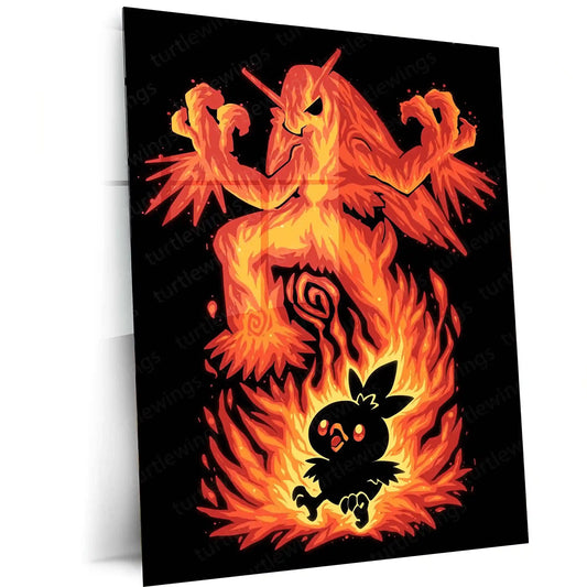 Anime Metal Poster | The Fire Bird Within | Pokemon Ascension Metal Frame Rebirth, Flame & Legendary Awakening Wall Art - TURTLEWINGS 