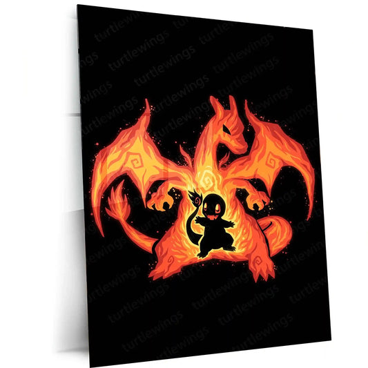 Anime Metal Poster | The Fire Dragon Within | Pokemon Evolution Flame Metal Frame Inner Power, Blaze & Ascension Wall Art - TURTLEWINGS 