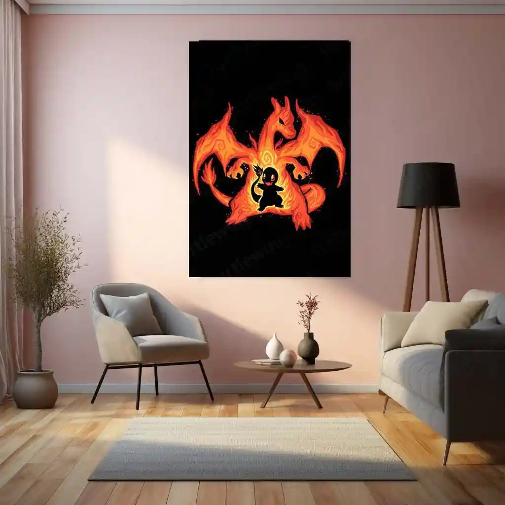 Anime Metal Poster | The Fire Dragon Within | Pokemon Evolution Flame Metal Frame Inner Power, Blaze & Ascension Wall Art - TURTLEWINGS 
