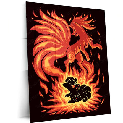 Anime Metal Poster | The Flame-Tailed Fox Within | Pokemon Evolution Spirit Metal Frame Inner Fire, Mystic Flames & Awakening Wall Art - TURTLEWINGS 