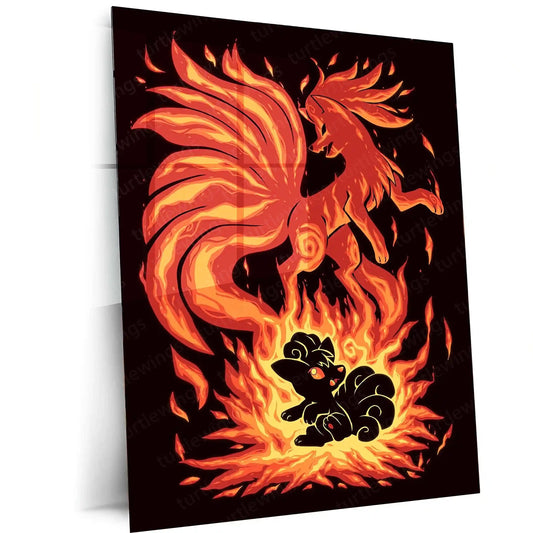 Anime Metal Poster | The Flame-Tailed Fox Within | Pokemon Evolution Spirit Metal Frame Inner Fire, Mystic Flames & Awakening Wall Art - TURTLEWINGS 