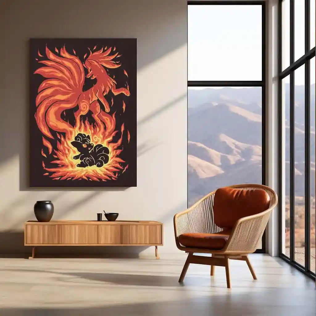Anime Metal Poster | The Flame-Tailed Fox Within | Pokemon Evolution Spirit Metal Frame Inner Fire, Mystic Flames & Awakening Wall Art - TURTLEWINGS 