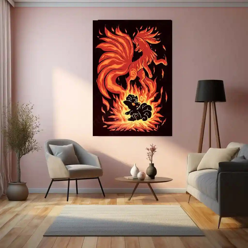 Anime Metal Poster | The Flame-Tailed Fox Within | Pokemon Evolution Spirit Metal Frame Inner Fire, Mystic Flames & Awakening Wall Art - TURTLEWINGS 