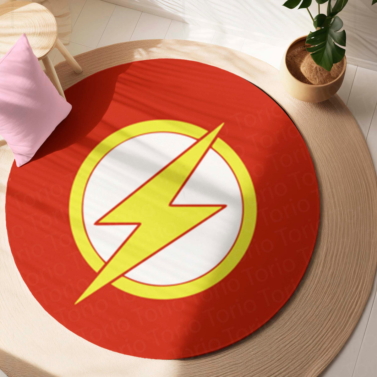 The Flash Logo Round Flat Rug | DC Superhero Floor Mat | Anti-Slip 3 mm Absorbent Circle Flat Rug for Bedroom, Gaming Room & Comic Fans
