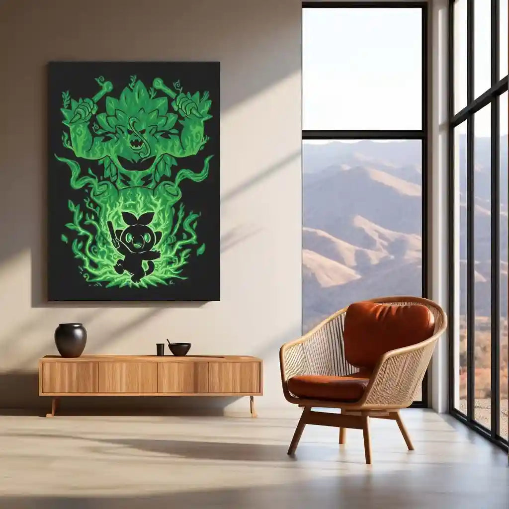 Anime Metal Poster | The Grass Gorilla Within | Pokemon Nature Awakening Metal Frame Primal Strength, Growth & Earthbound Power Wall Art - TURTLEWINGS 