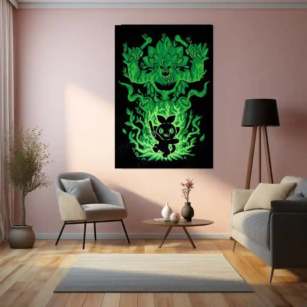 Anime Metal Poster | The Grass Gorilla Within | Pokemon Nature Awakening Metal Frame Primal Strength, Growth & Earthbound Power Wall Art - TURTLEWINGS 