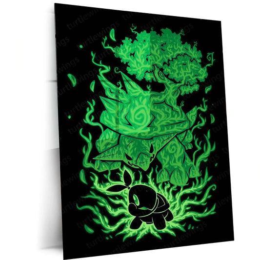 Anime Metal Poster | The Grass Turtle Within | Pokemon Nature Evolution Metal Frame Growth, Endurance & Earthbound Awakening Wall Art - TURTLEWINGS 