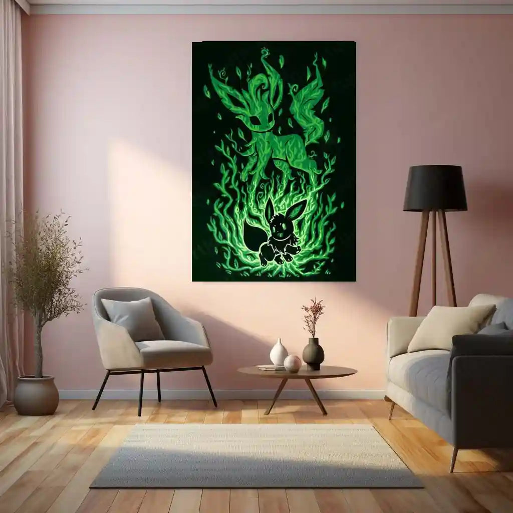 Anime Metal Poster | The Leaf Evolution Within | Verdant Awakening Pokemon Metal Frame Inner Growth, Nature’s Power & Silent Strength Wall Art - TURTLEWINGS 