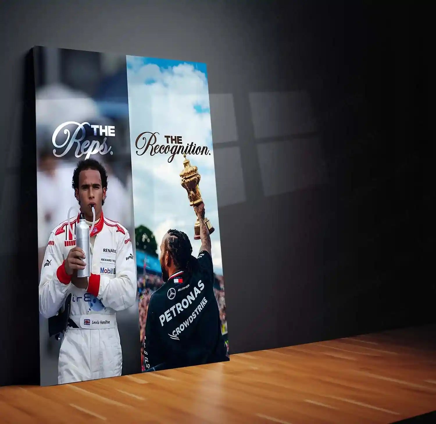 Quote Metal Poster | Lewis Hamilton – The Reps vs The Recognition Metal Frame | Discipline Before Applause Wall Art | F1 Champion Mindset Quote Metal Poster - TURTLEWINGS