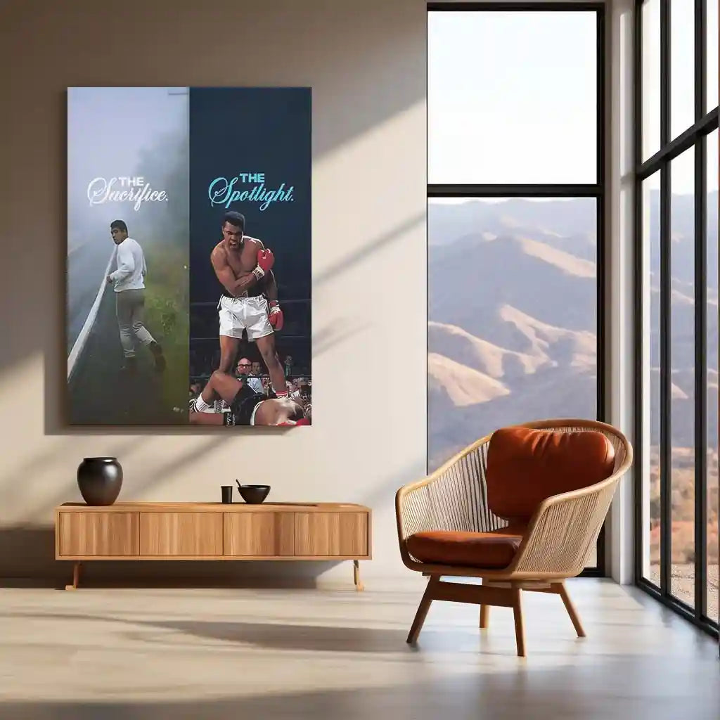 Quote Metal Poster | Muhammad Ali – The Sacrifice to the Spotlight Metal Frame Greatness Forged in Silence Boxing Wall Art | Champion Mindset Quote Metal Poster - TURTLEWINGS