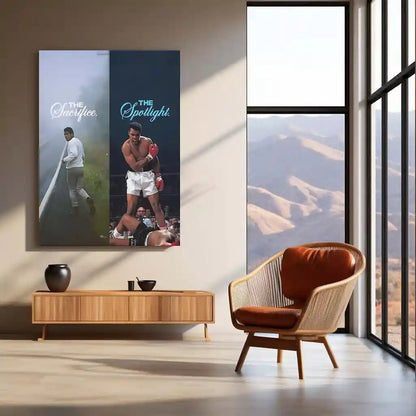 Quote Metal Poster | Muhammad Ali – The Sacrifice to the Spotlight Metal Frame Greatness Forged in Silence Boxing Wall Art | Champion Mindset Quote Metal Poster - TURTLEWINGS