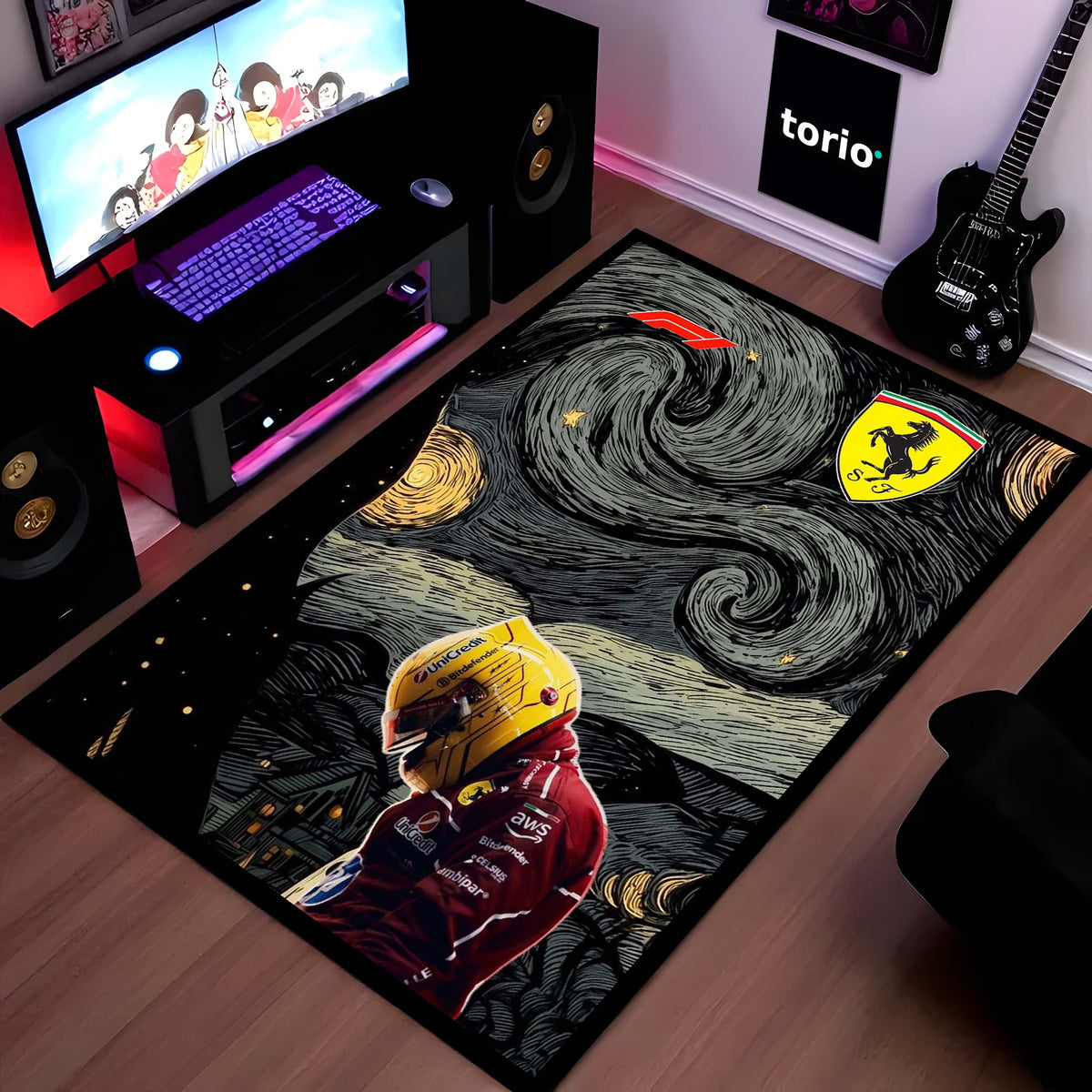 Carlos Sainz Jr. F1 Starry Night Flat Rug | Motorsport Art Area Flat Rug for Bedroom, Gaming Room & Fan Cave