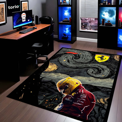 Carlos Sainz Jr. F1 Starry Night Flat Rug | Motorsport Art Area Flat Rug for Bedroom, Gaming Room & Fan Cave