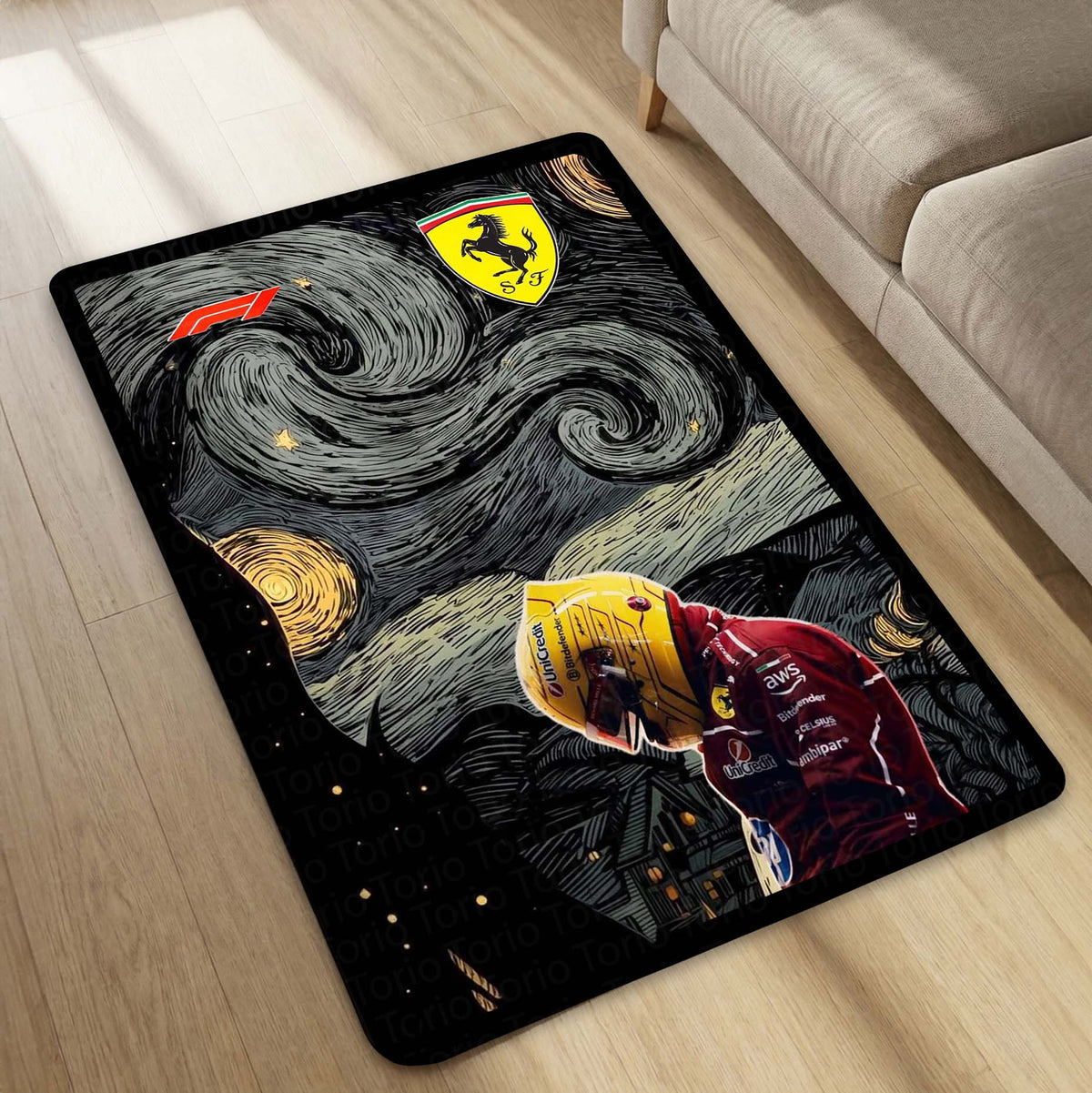 Carlos Sainz Jr. F1 Starry Night Flat Rug | Motorsport Art Area Flat Rug for Bedroom, Gaming Room & Fan Cave