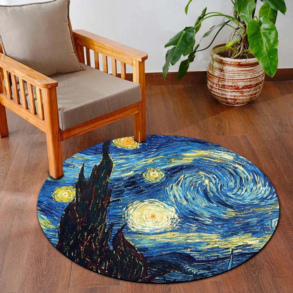 The Starry Night Round Flat Rug | Vincent van Gogh Inspired Circle Floor Mat | Anti-Slip 3 mm Absorbent Flat Rug for Bedroom, Living Room & Art Decor