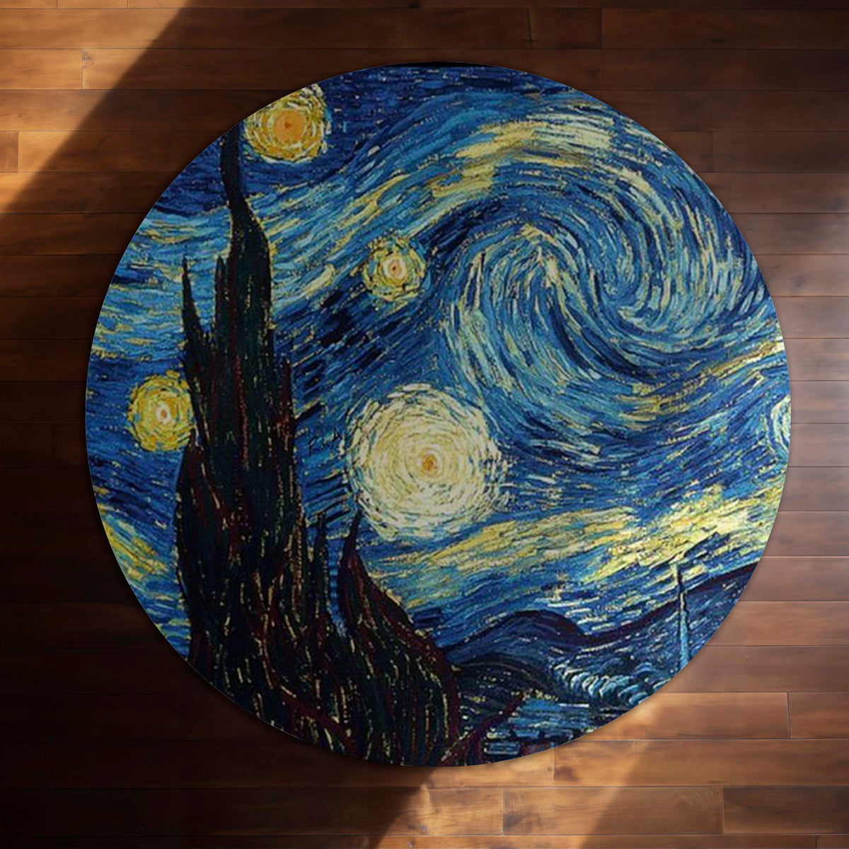 The Starry Night Round Flat Rug | Vincent van Gogh Inspired Circle Floor Mat | Anti-Slip 3 mm Absorbent Flat Rug for Bedroom, Living Room & Art Decor