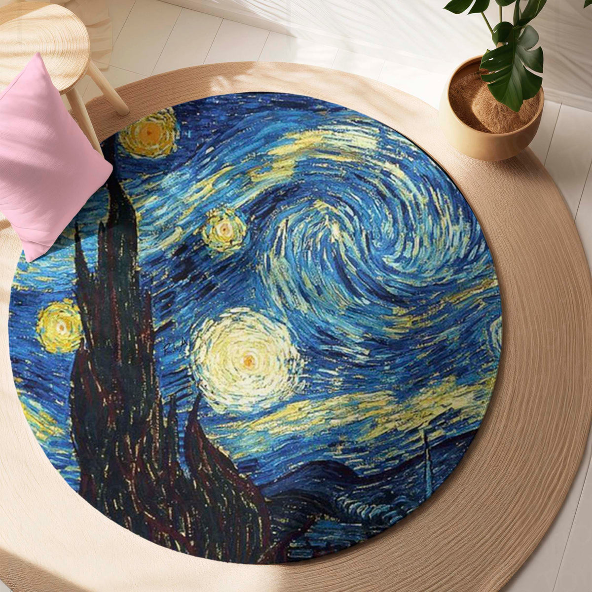 The Starry Night Round Flat Rug | Vincent van Gogh Inspired Circle Floor Mat | Anti-Slip 3 mm Absorbent Flat Rug for Bedroom, Living Room & Art Decor